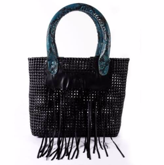 Basket Bag with blue snake print leather handle